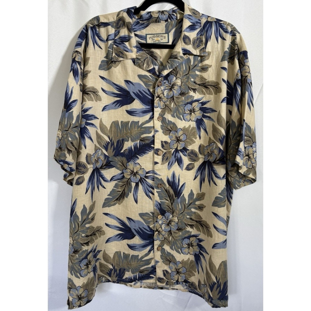 Pusser's Island Style Shirt Size L Hawaiian Tropical Short Sleeve Linen‎